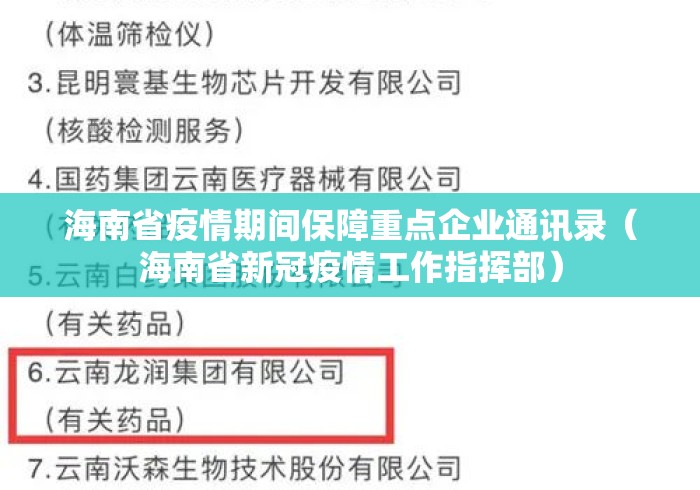 海南省疫情期间保障重点企业通讯录（海南省新冠疫情工作指挥部）